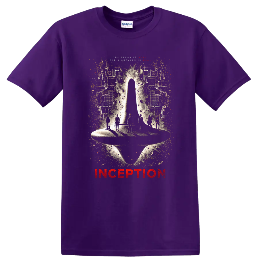 Inception Vintage Cult Movie T Shirt on a Purple T Shirt