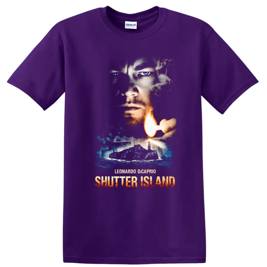 Shutter Island Vintage Cult Movie Character Portrait T Shirt on a Purple T Shirt