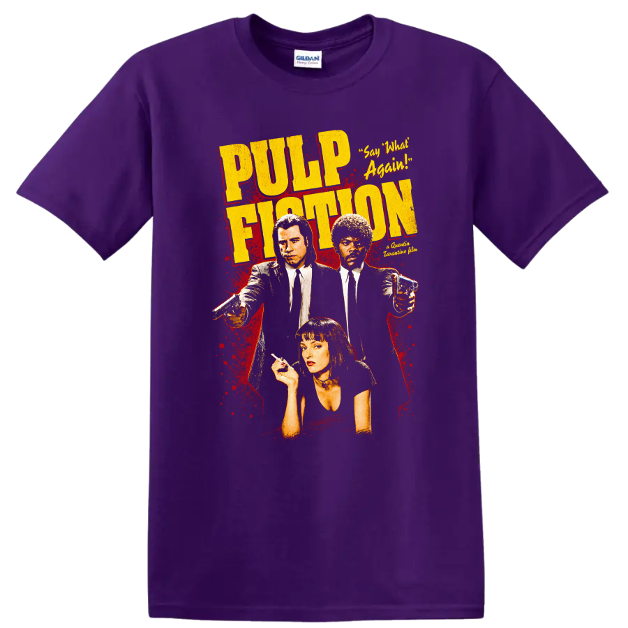 Pulp Fiction Vintage Movie Character Portrait T Shirt on a Purple T Shirt