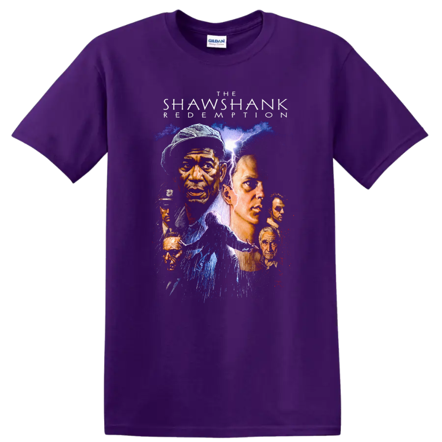 Shawshank Redemption Vintage Movie Character Portrait T Shirt on a Purple T Shirt