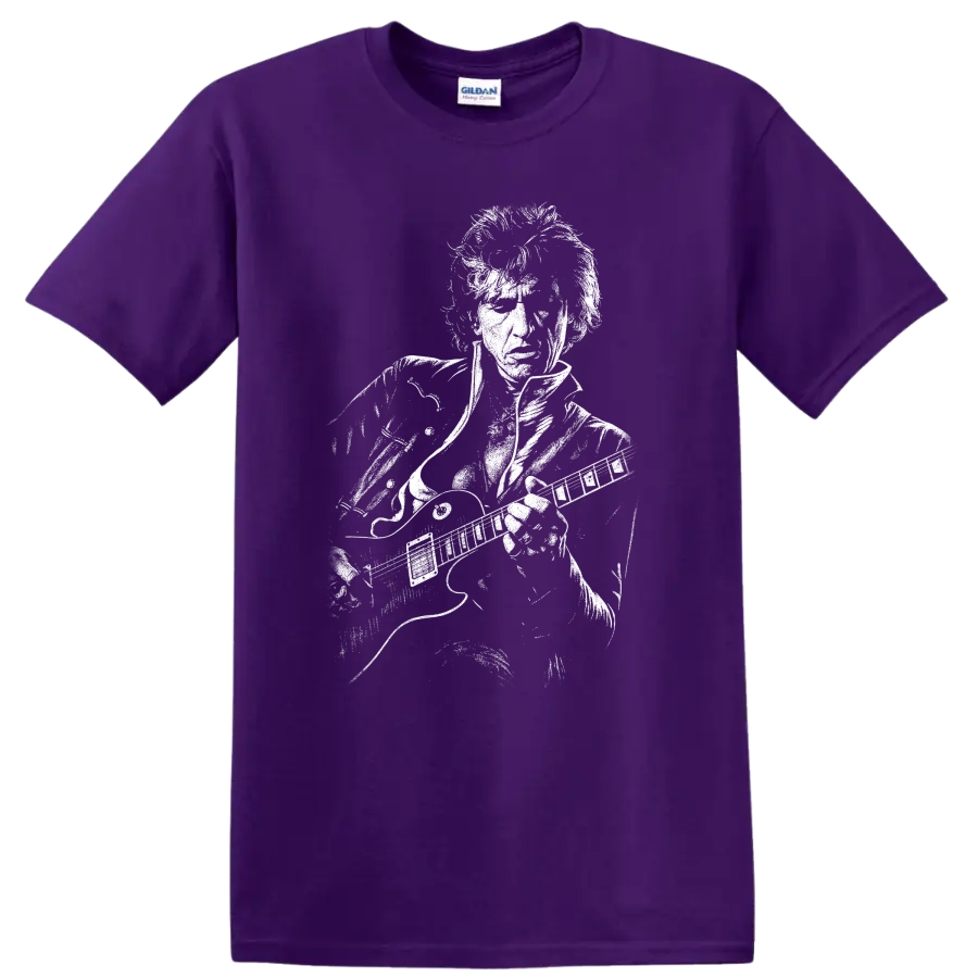 Black-and-white graphic portrait of Joe Perry on a T shirt on a Purple T Shirt