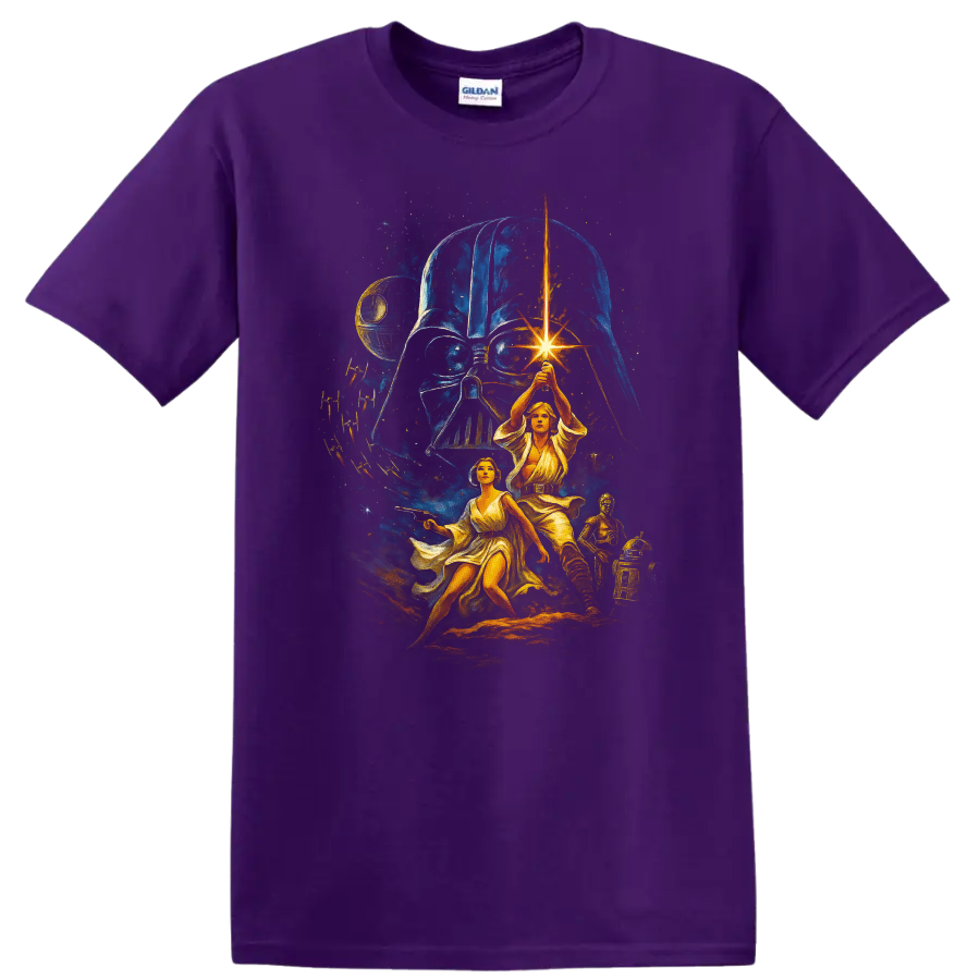 Star Wars Darth Vader and Luke Skywalker lightsaber battle artwork T Shirt on a Purple T Shirt
