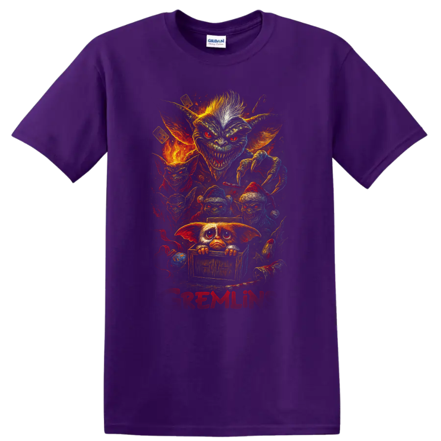 Gremlins horror movie creature collage with fiery retro art and bold red text on a T shirt on a Purple T Shirt