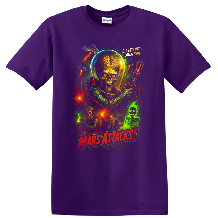 Mars Attacks alien invasion retro movie poster art with alien leader, saucers, and bold title T-shirt on a Purple T Shirt