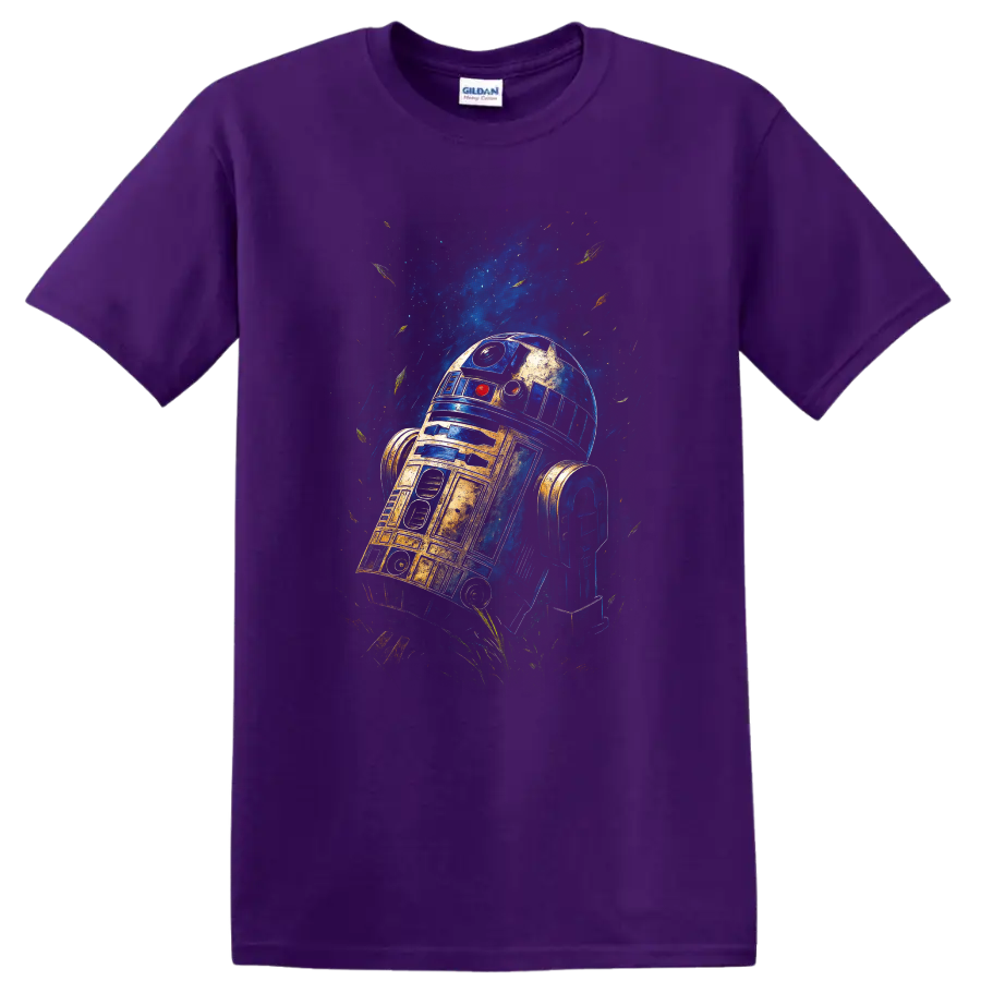 R2-D2 painted galaxy art T-shirt on a Purple T Shirt