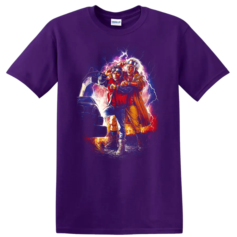 Back to the Future Part II lightning time travel movie artwork T shirt on a Purple T Shirt