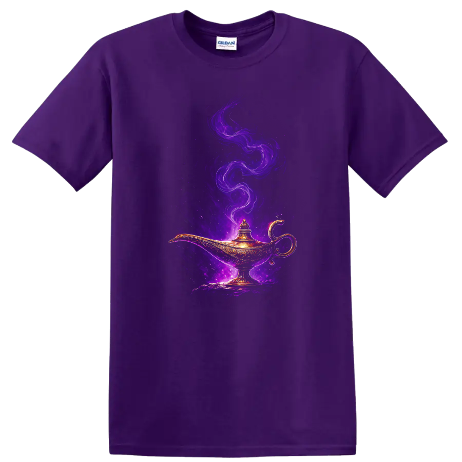 Ornate magic lamp with glowing purple smoke fantasy art T Shirt on a Purple T Shirt