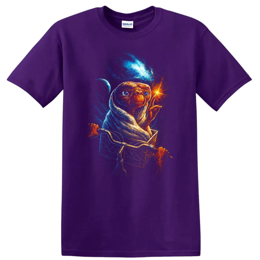 E.T. riding in a bike basket with glowing fingertip cosmic space artwork on T shirt on a Purple T Shirt