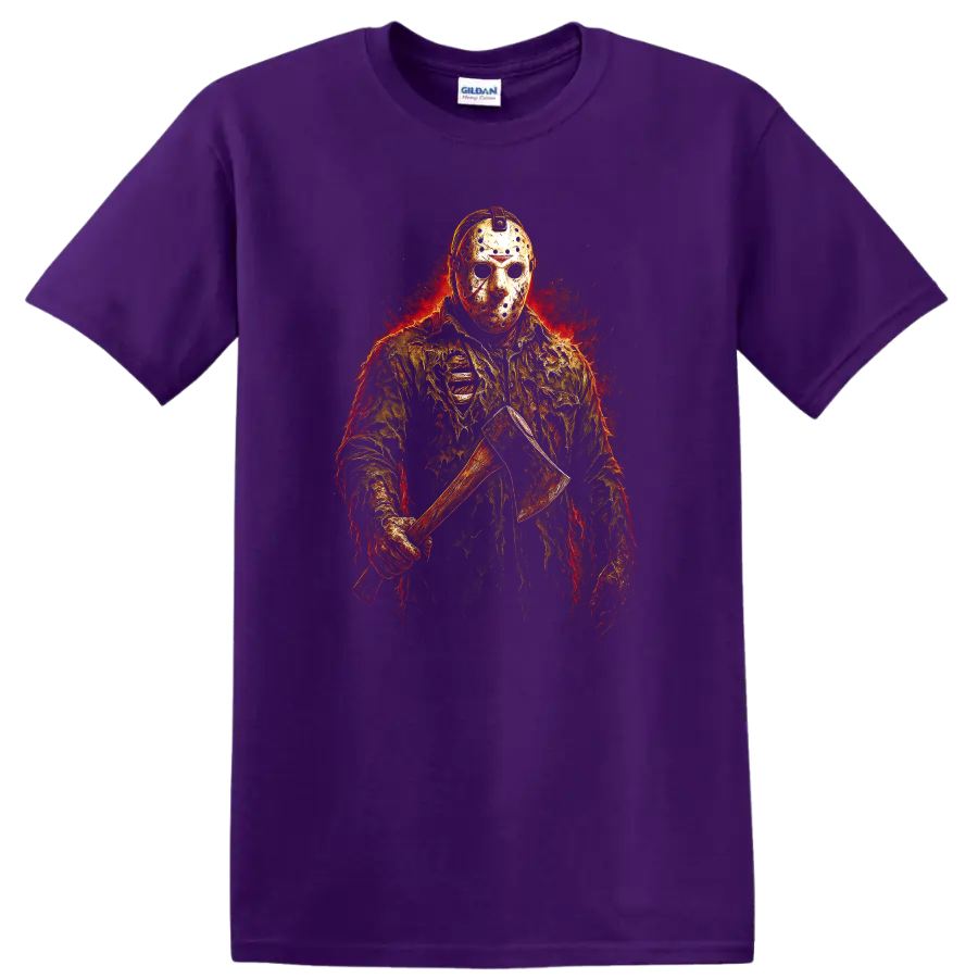 Fiery masked slasher holding an axe, Friday the 13th horror style T shirt on a Purple T Shirt