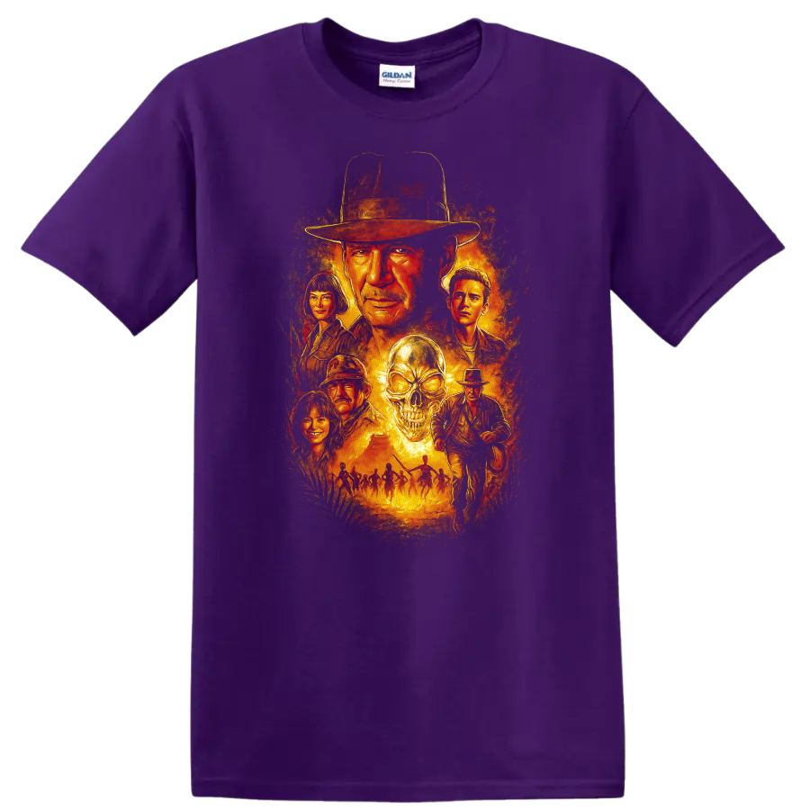 Vintage The Great Gatsby movie art with fiery portrait collage and skull graphic on a T - Purple