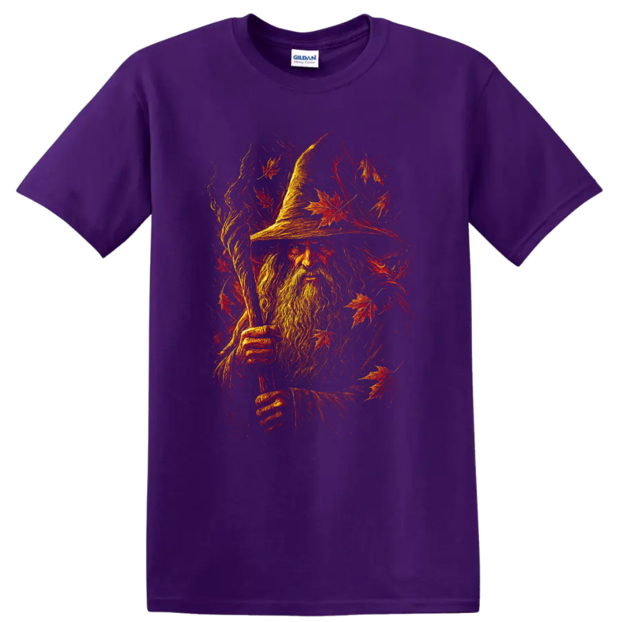 Wizard portrait surrounded by fiery autumn leaves graphic T Shirt on a Purple T Shirt