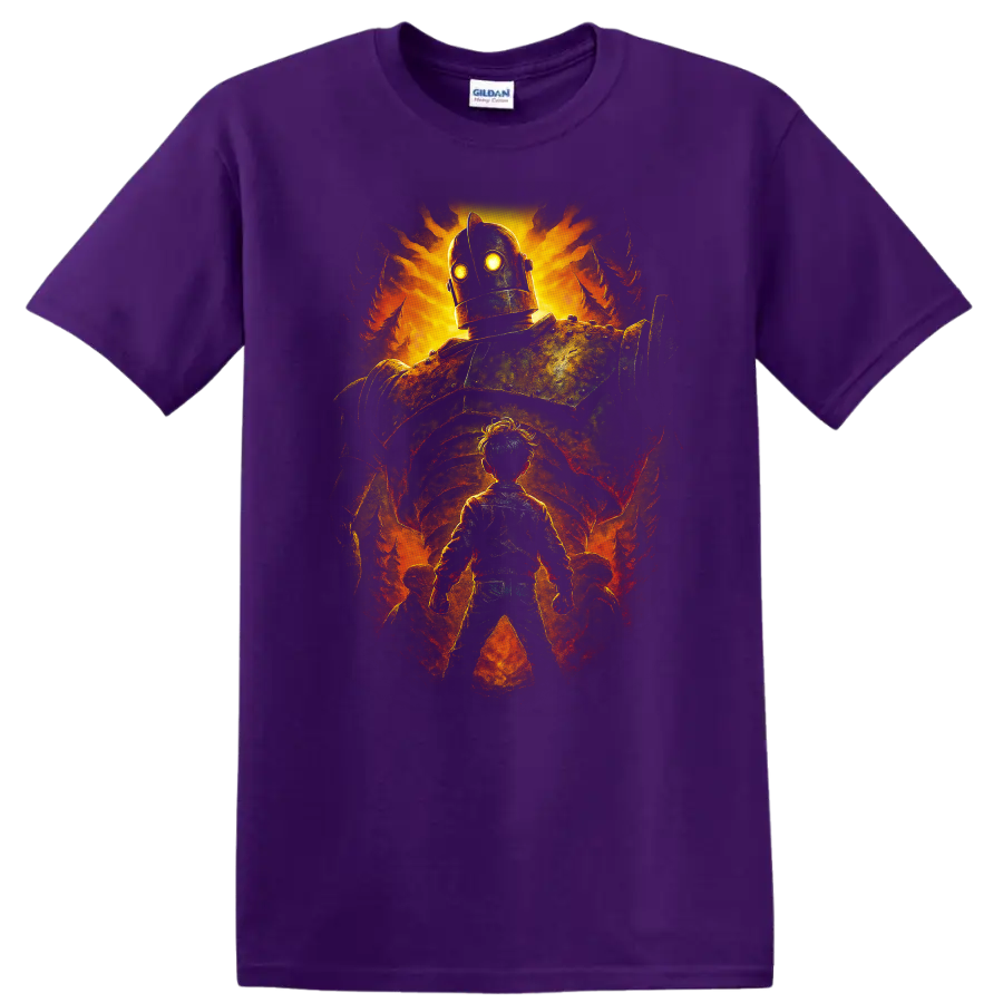The Iron Giant glowing movie art design with giant robot and child, T shirt on a Purple T Shirt
