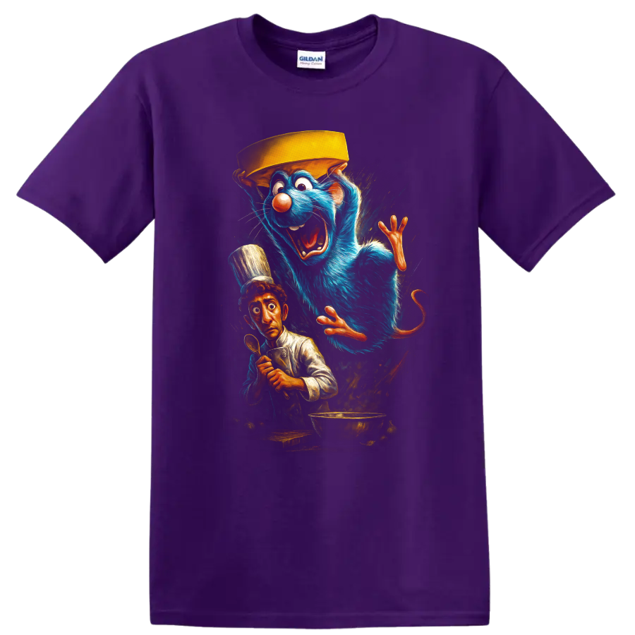 Animated blue rat chef and startled cook Ratatouille inspired T Shirt graphic on a Purple T Shirt