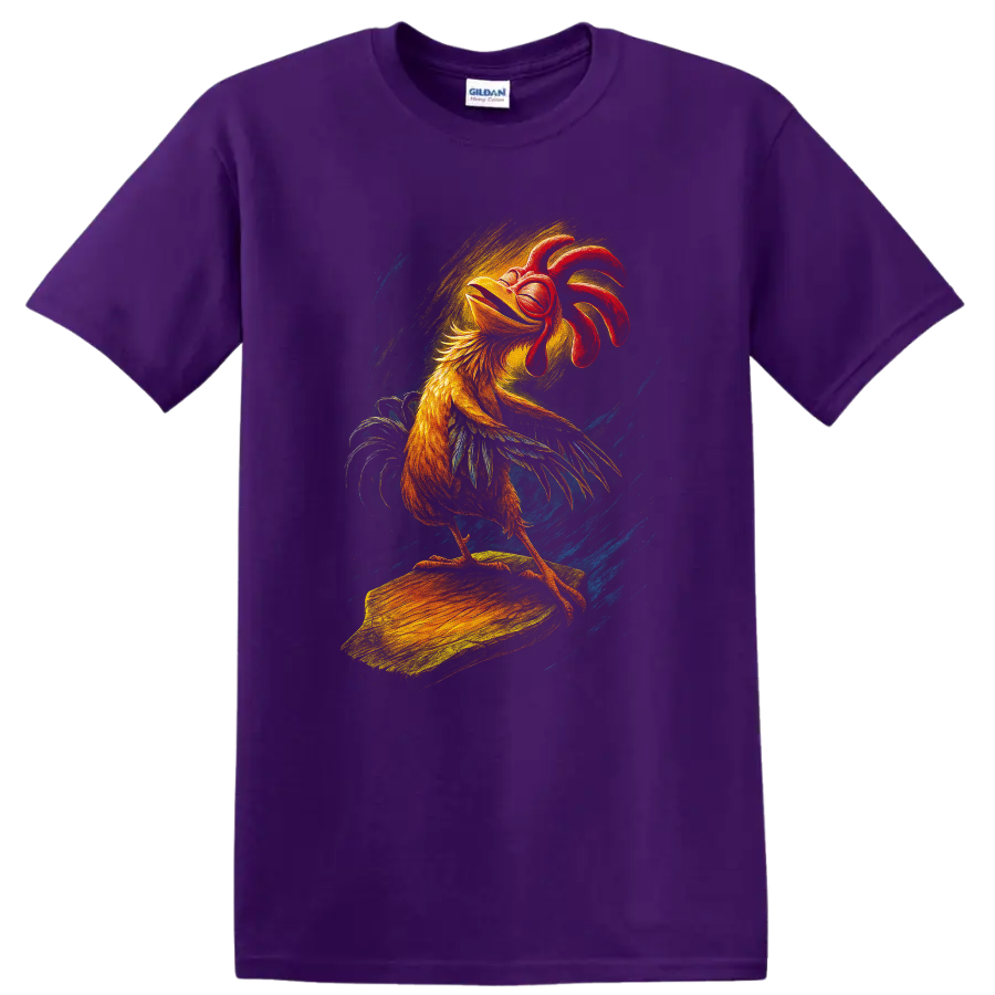 Rooster surfing artwork with bold retro colors on a T shirt on a Purple T Shirt