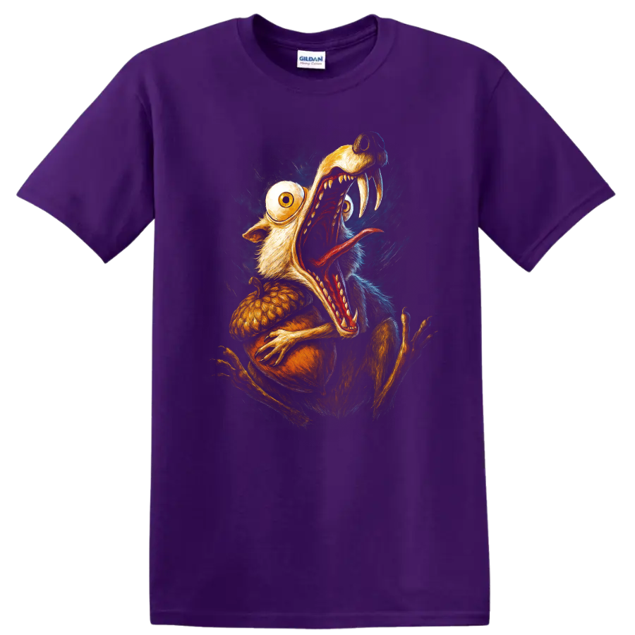Scrat from Ice Age screaming with oversized eyes and sharp teeth graphic T shirt on a Purple T Shirt