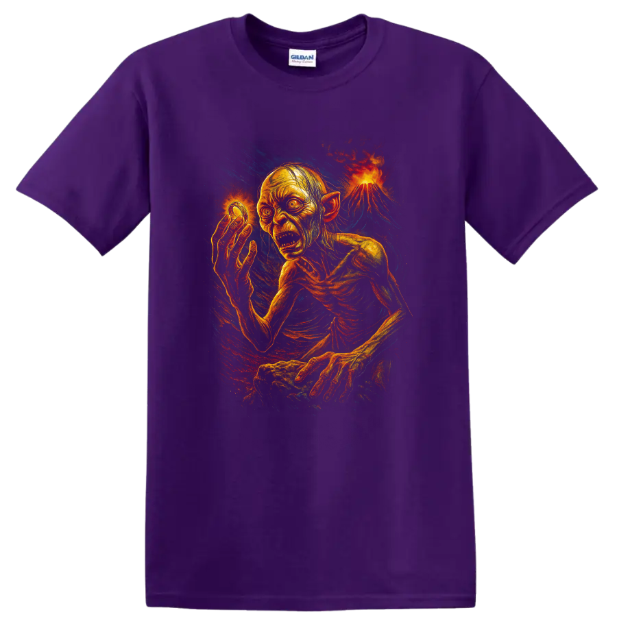 Fiery Gollum horror-style fantasy art on black T shirt on a Purple T Shirt