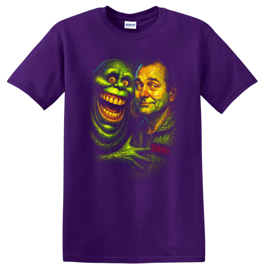 Ghostbusters-inspired portrait of Venkman with a grinning green ghost T shirt on a Purple T Shirt