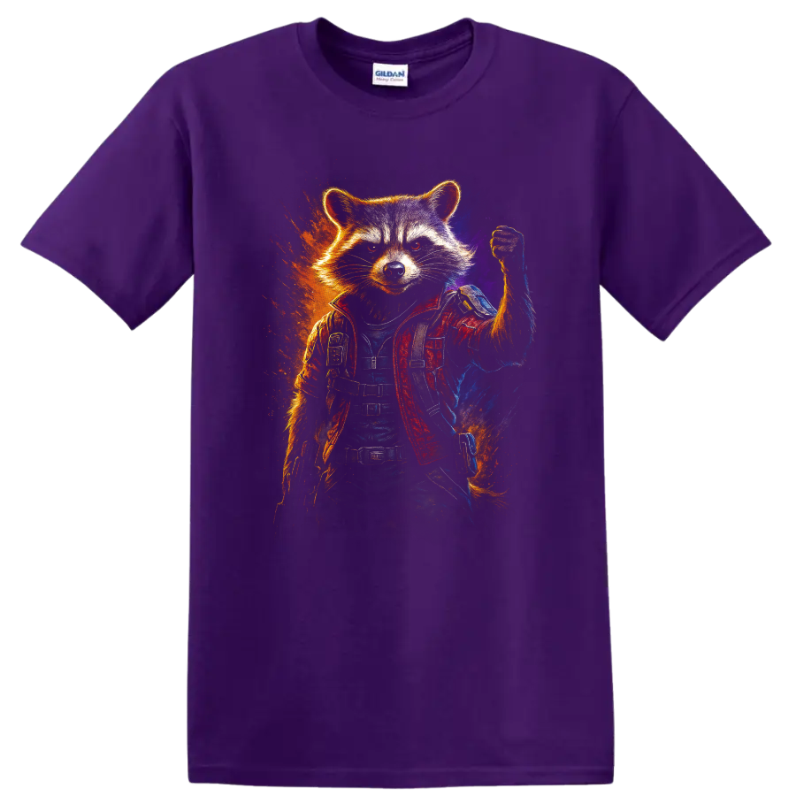 Guardians of the Galaxy inspired Rocket Raccoon hero in action pose T Shirt on a Purple T Shirt