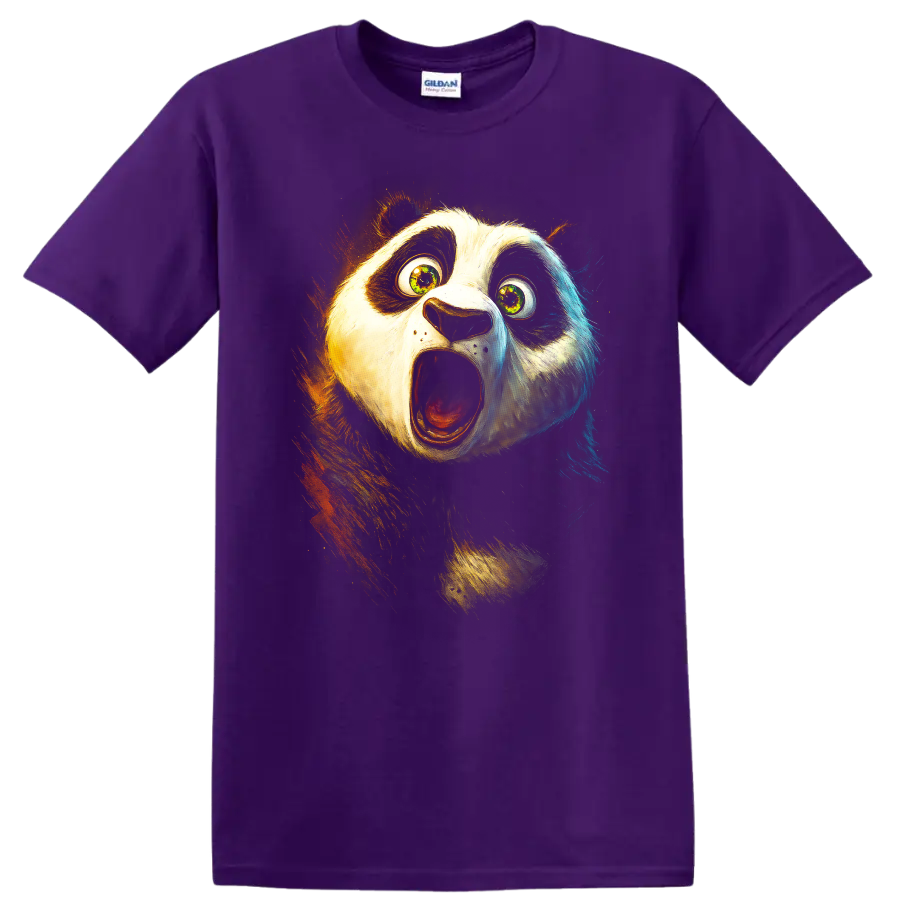 Shocked panda face graphic with wide eyes and open mouth on black T shirt on a Purple T Shirt