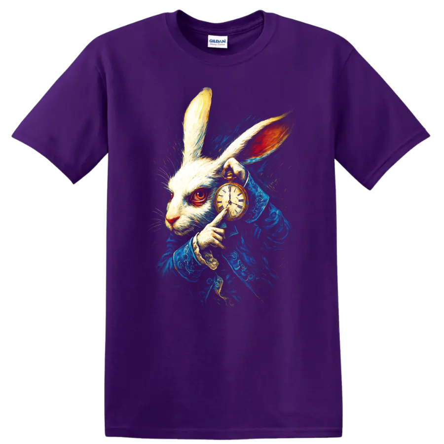 White Rabbit in blue coat holding a pocket watch, Alice in Wonderland style T shirt graphic on a Purple T Shirt