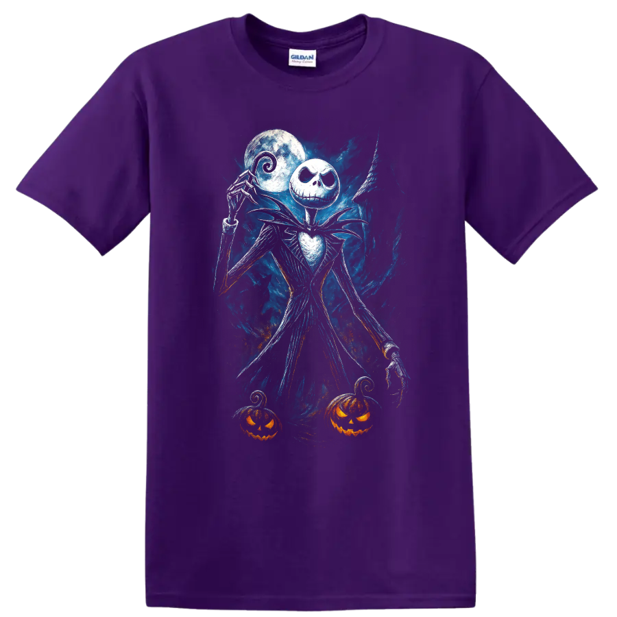 Jack Skellington-inspired gothic figure with moon and pumpkins T Shirt on a Purple T Shirt