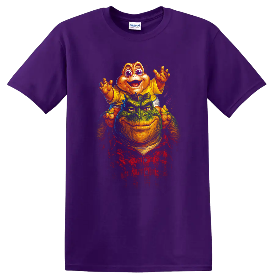 Colorful dinosaur movie monster artwork with two characters on a T shirt on a Purple T Shirt