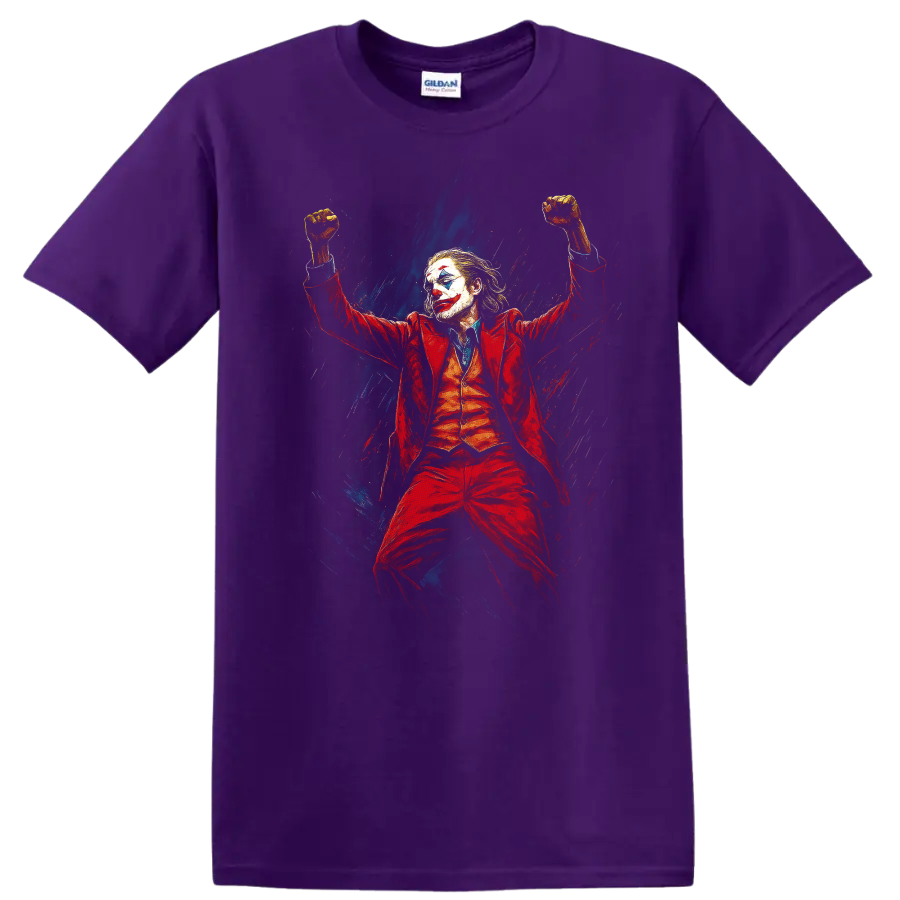 Joker-inspired clown villain in red suit with raised fists, painted dark comic style graphic T shirt on a Purple T Shirt