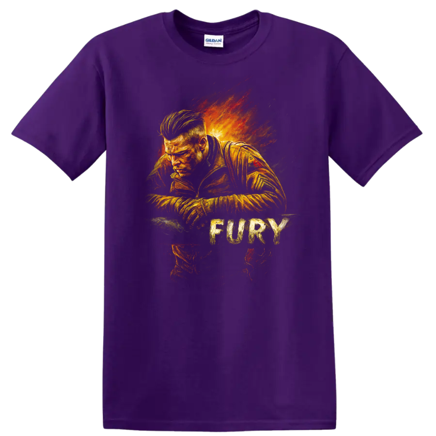 Fury-inspired fiery portrait graphic T Shirt with distressed cinematic style on a Purple T Shirt