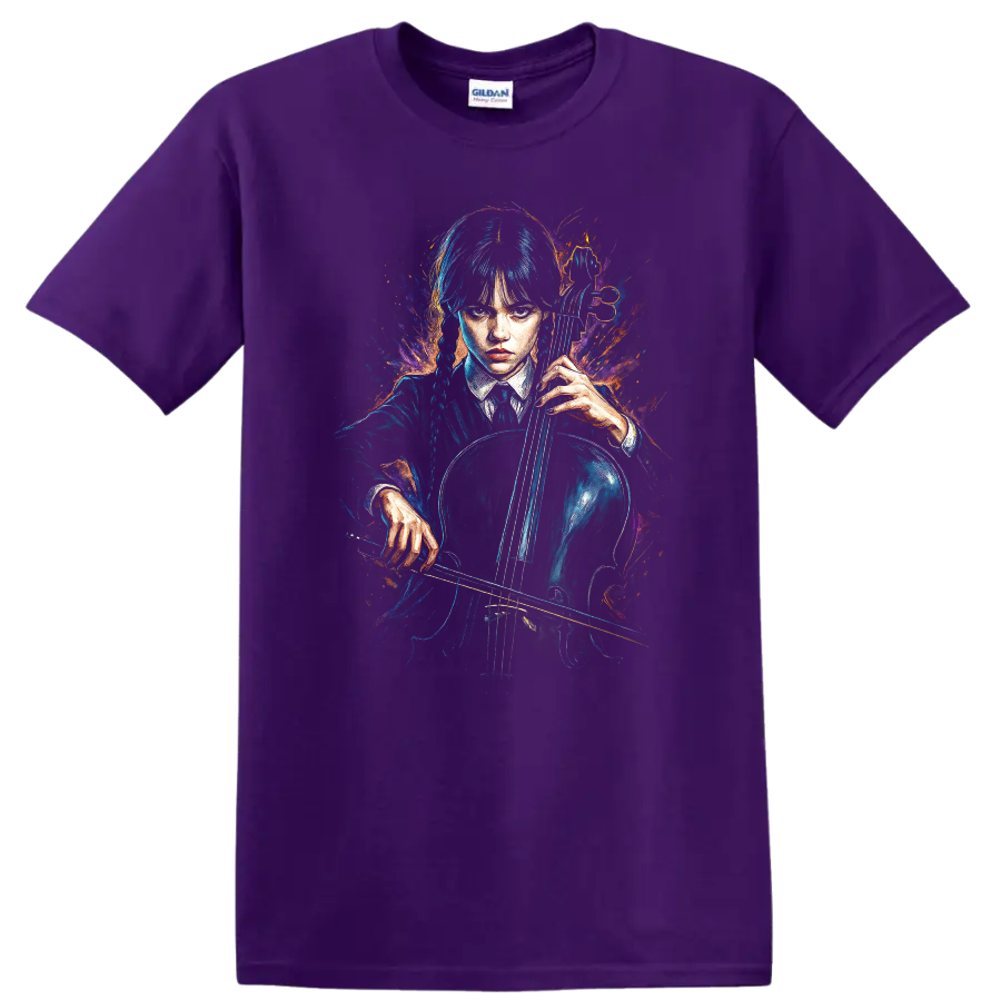Wednesday Addams holding a cello in neon gothic painted style T Shirt on a Purple T Shirt