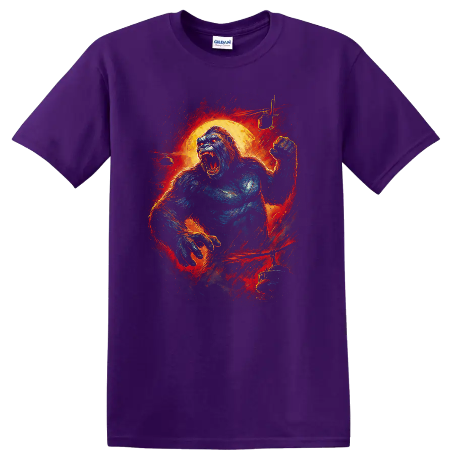 Roaring King Kong-style gorilla graphic with fiery red orange background T shirt on a Purple T Shirt