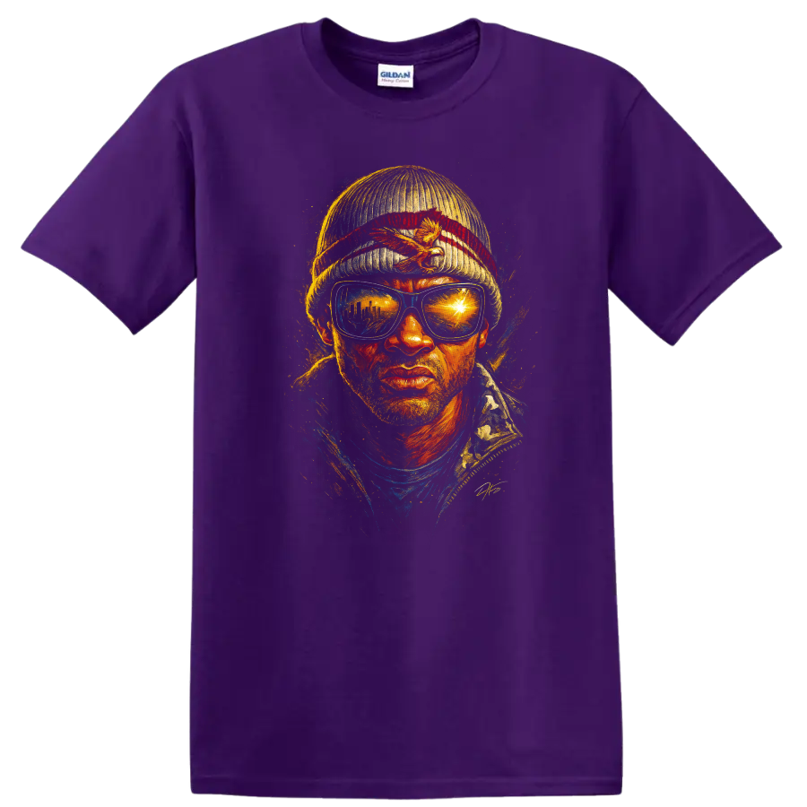 Hancock inspired painted portrait with sunglasses and beanie on black T shirt on a Purple T Shirt
