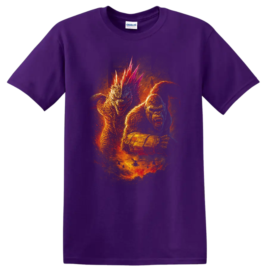 Godzilla x Kong: The New Empire monster battle graphic T Shirt with fiery creature artwork on a Purple T Shirt