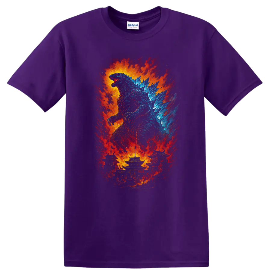 Godzilla vs. Destoroyah fiery kaiju artwork with Godzilla and explosion T Shirt on a Purple T Shirt