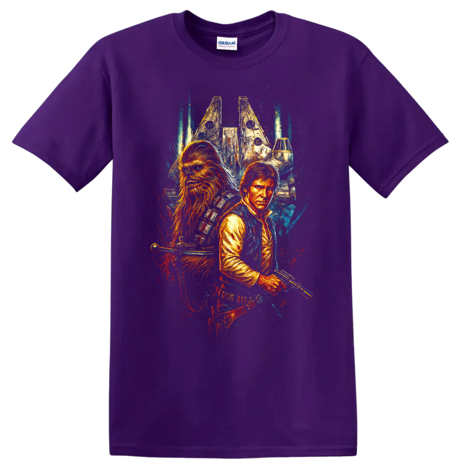 Illustrated space scoundrels duo with starship, cinematic graphic T-shirt design on a Purple T Shirt