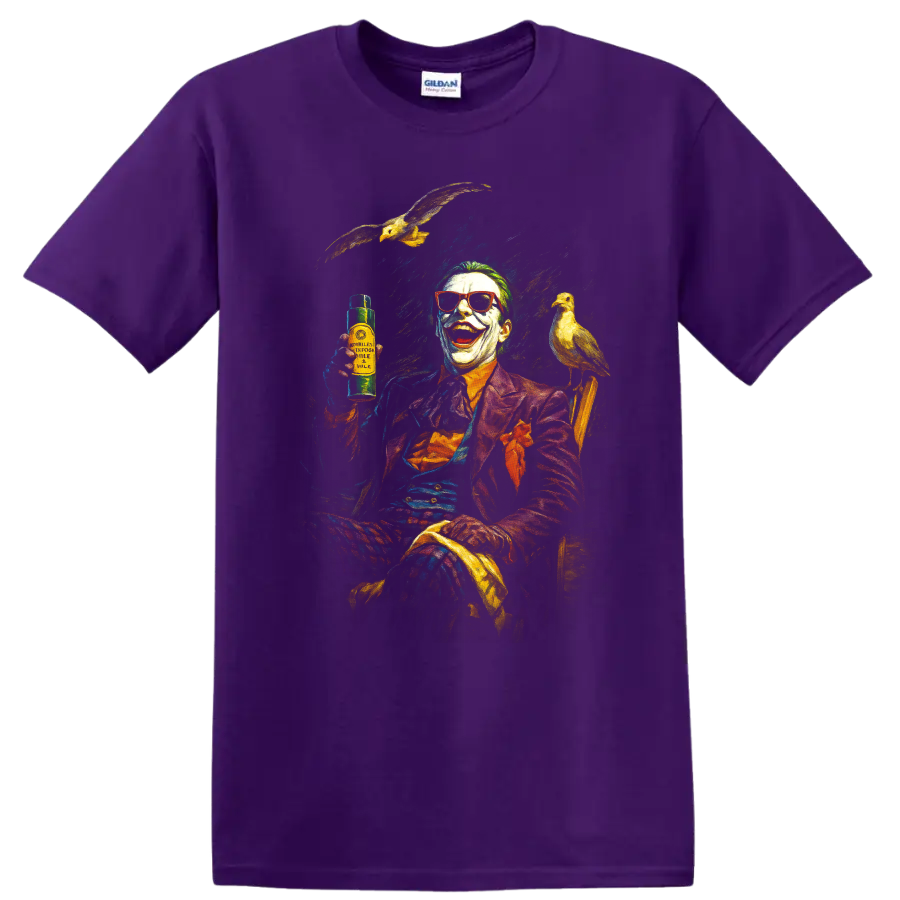 Joker inspired laughing clown artwork with birds on a black T-shirt on a Purple T Shirt