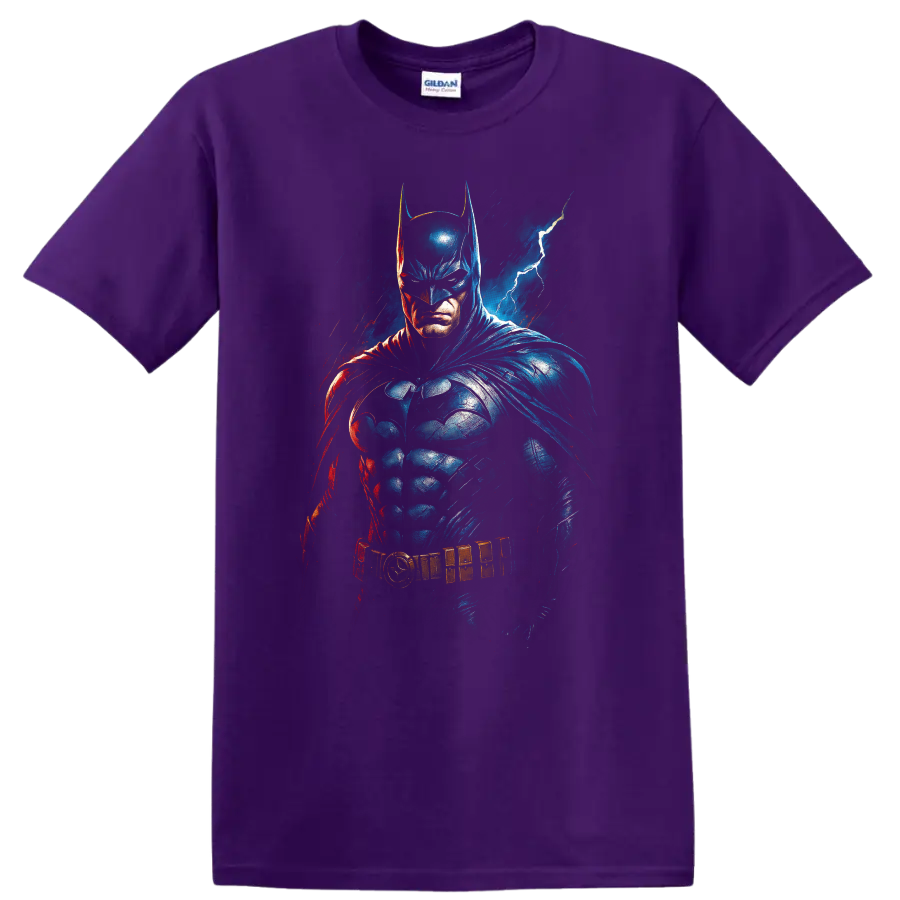 Batman comic art portrait with lightning and dramatic blue red shadows on T shirt on a Purple T Shirt