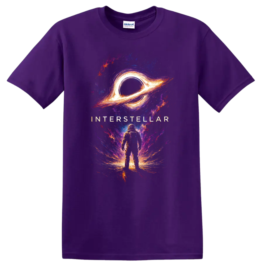 Interstellar astronaut standing beneath glowing black hole cosmic artwork T Shirt on a Purple T Shirt