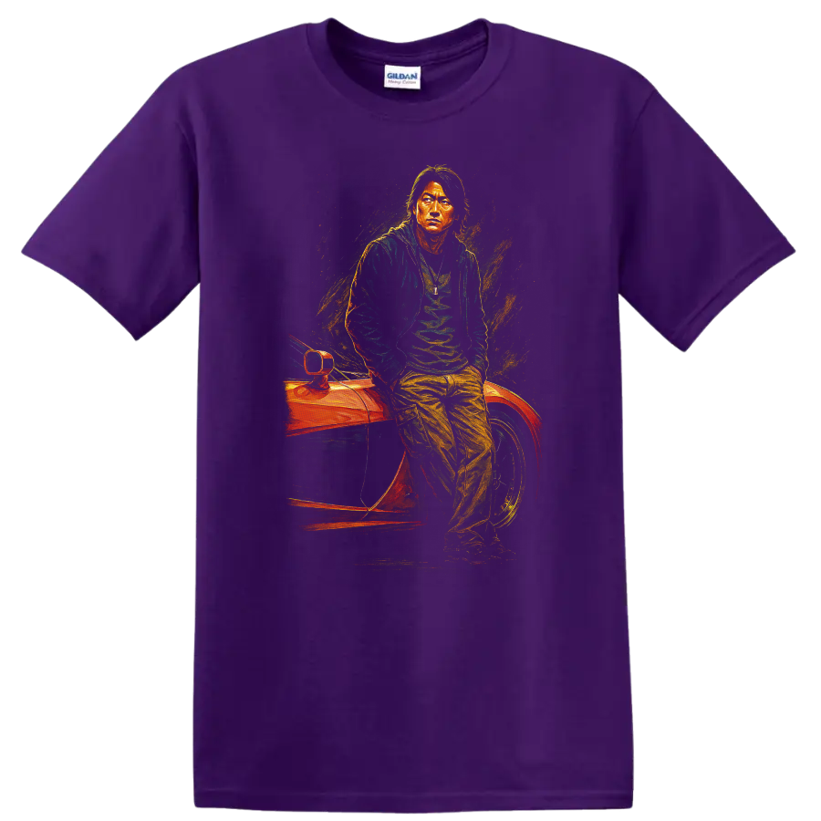 Neon street racing portrait inspired by The Fast and the Furious Tokyo Drift T Shirt on a Purple T Shirt