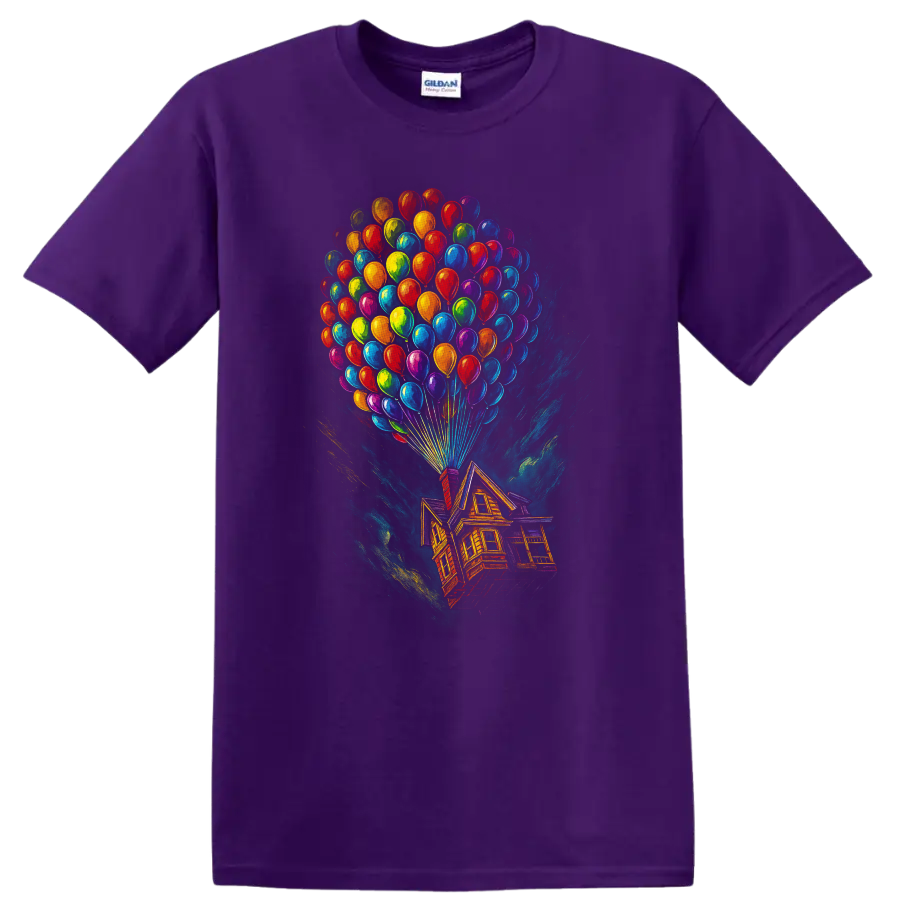 Colorful floating house and balloon movie-inspired T-shirt design on a Purple T Shirt