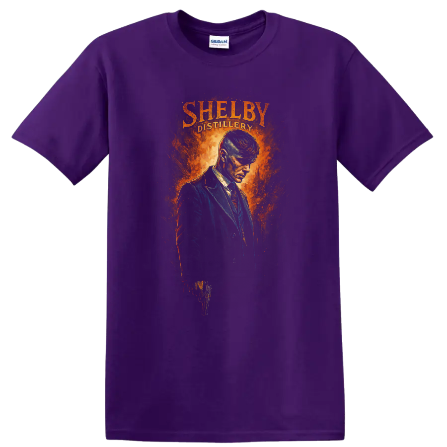Fiery Shelby Distillery portrait artwork with man in dark suit T shirt on a Purple T Shirt