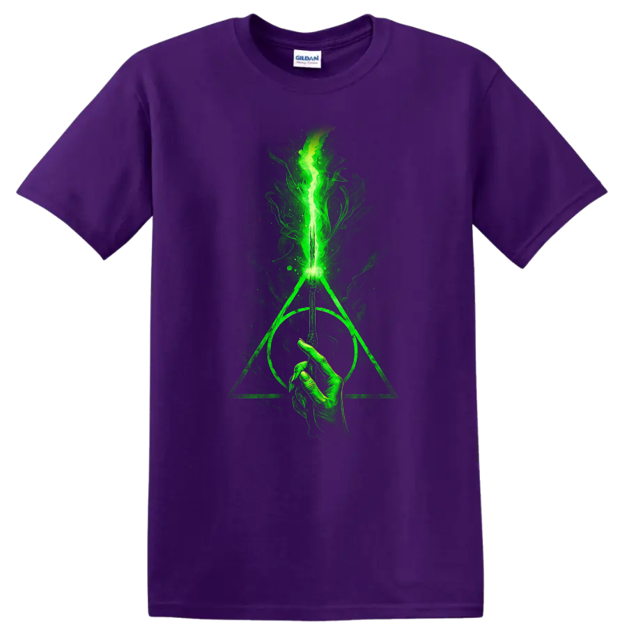 Green glowing wand with Deathly Hallows symbol and smoky flame design on black T shirt on a Purple T Shirt