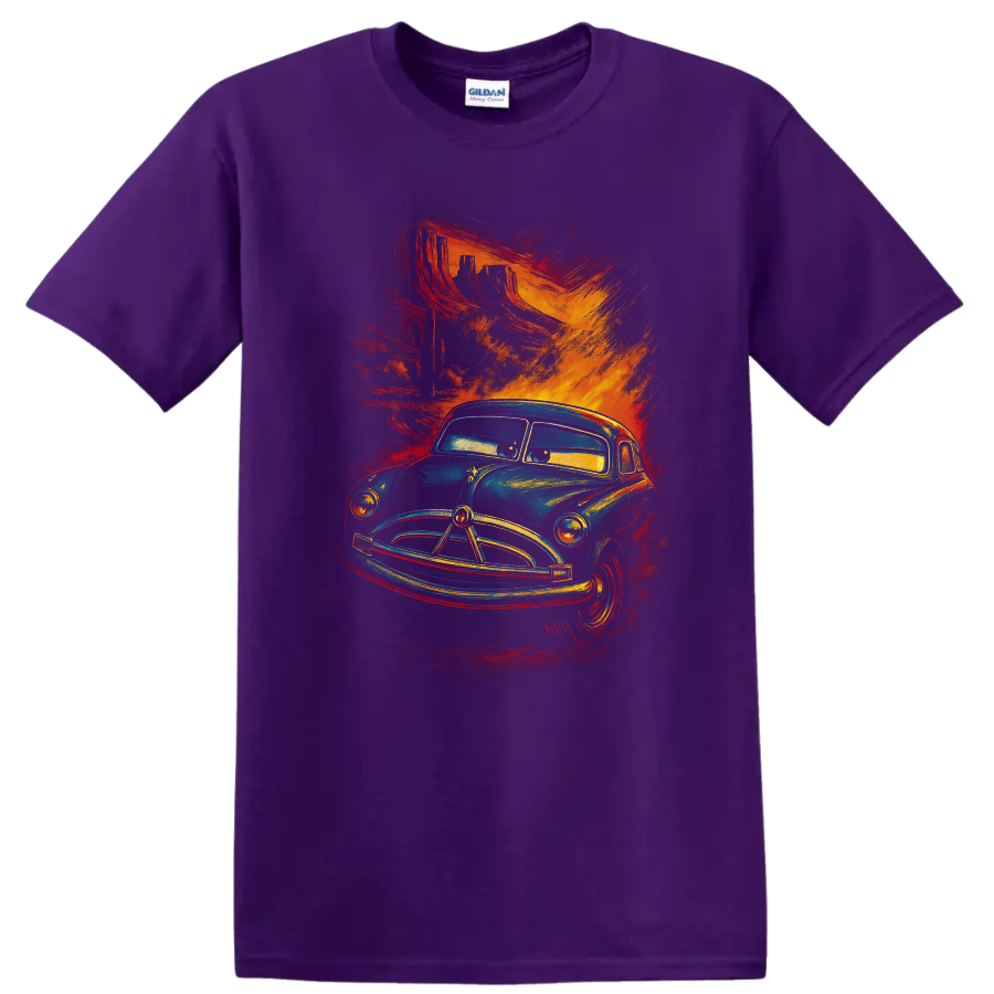 Vintage blue truck character art with fiery red orange brush strokes on a T shirt on a Purple T Shirt