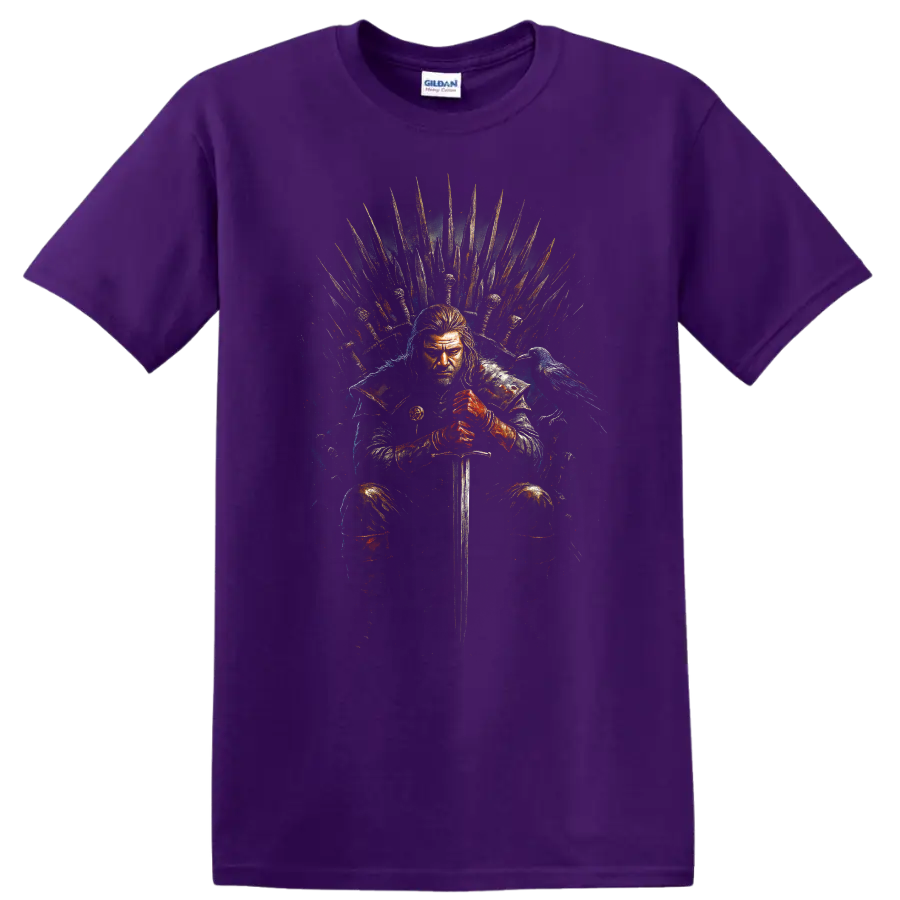 Game of Thrones warrior seated on the Iron Throne with sword and raven on a Purple T Shirt