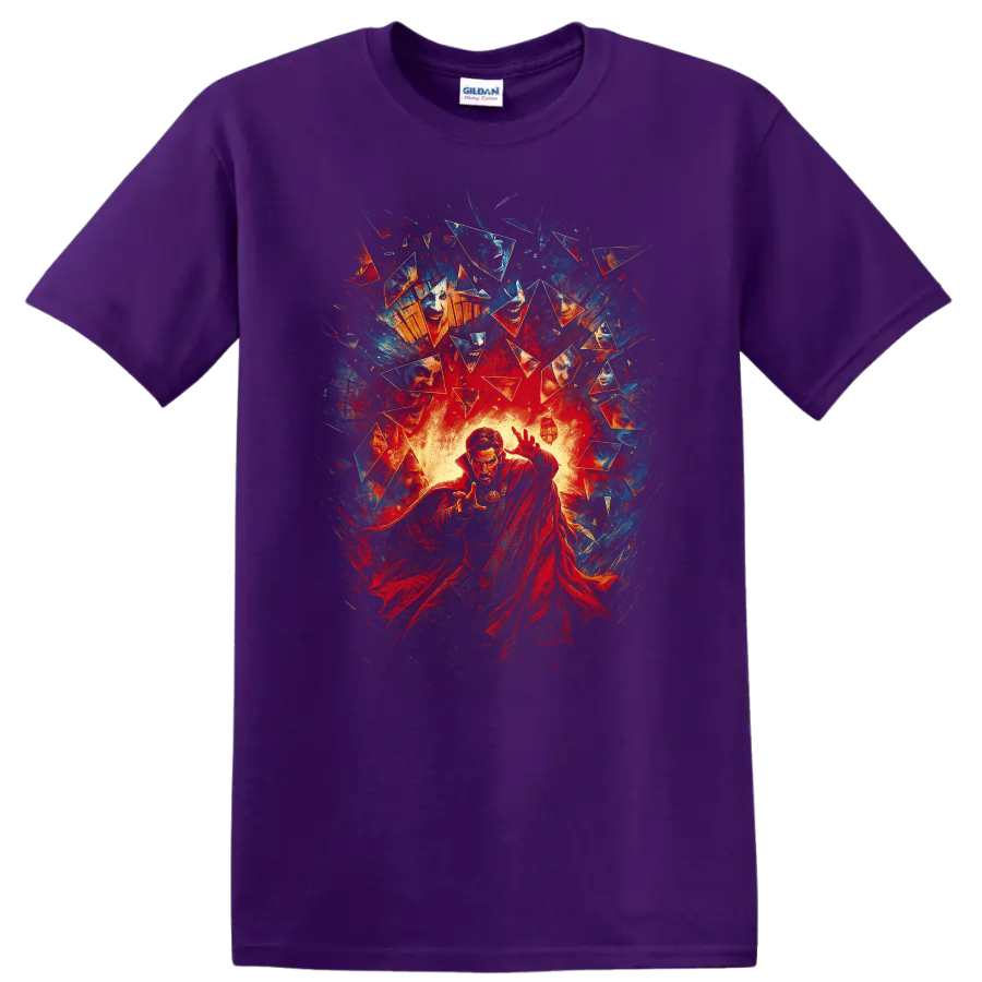 Doctor Strange comic art with magical energy and shattered fragments on a T Shirt on a Purple T Shirt