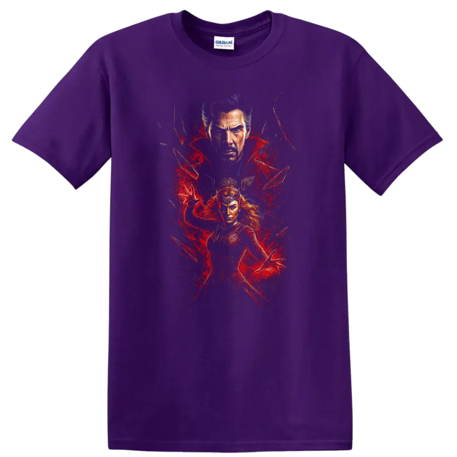 Doctor Strange and Scarlet Witch red comic art T-shirt on a Purple T Shirt