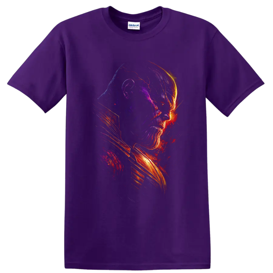Thanos side-profile cosmic rage neon graphic T shirt on a Purple T Shirt