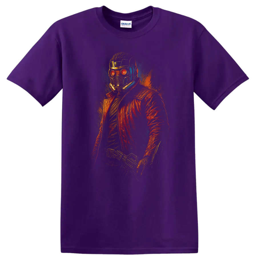 Guardians of the Galaxy inspired Star-Lord helmet and red jacket neon comic T shirt on a Purple T Shirt