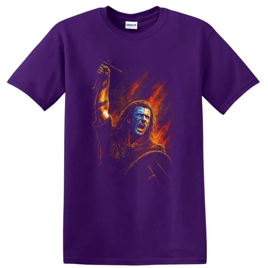 Braveheart-inspired warrior battle cry artwork with fiery background on T shirt on a Purple T Shirt