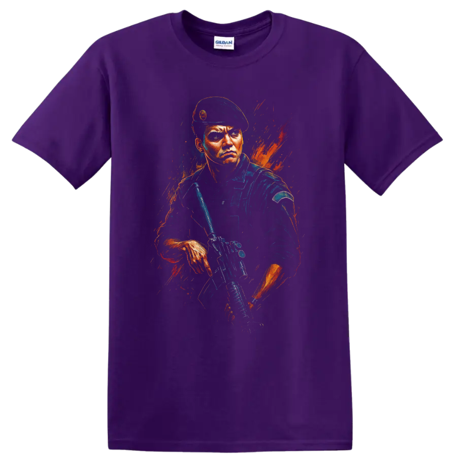 Tactical soldier in beret holding rifle with orange paint splash graphic T shirt on a Purple T Shirt