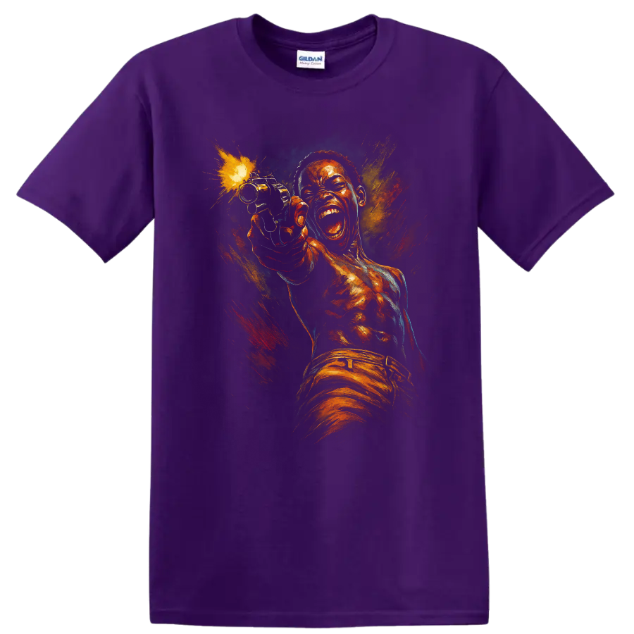Dramatic painted action portrait graphic T shirt with explosive orange and blue colors on a Purple T Shirt